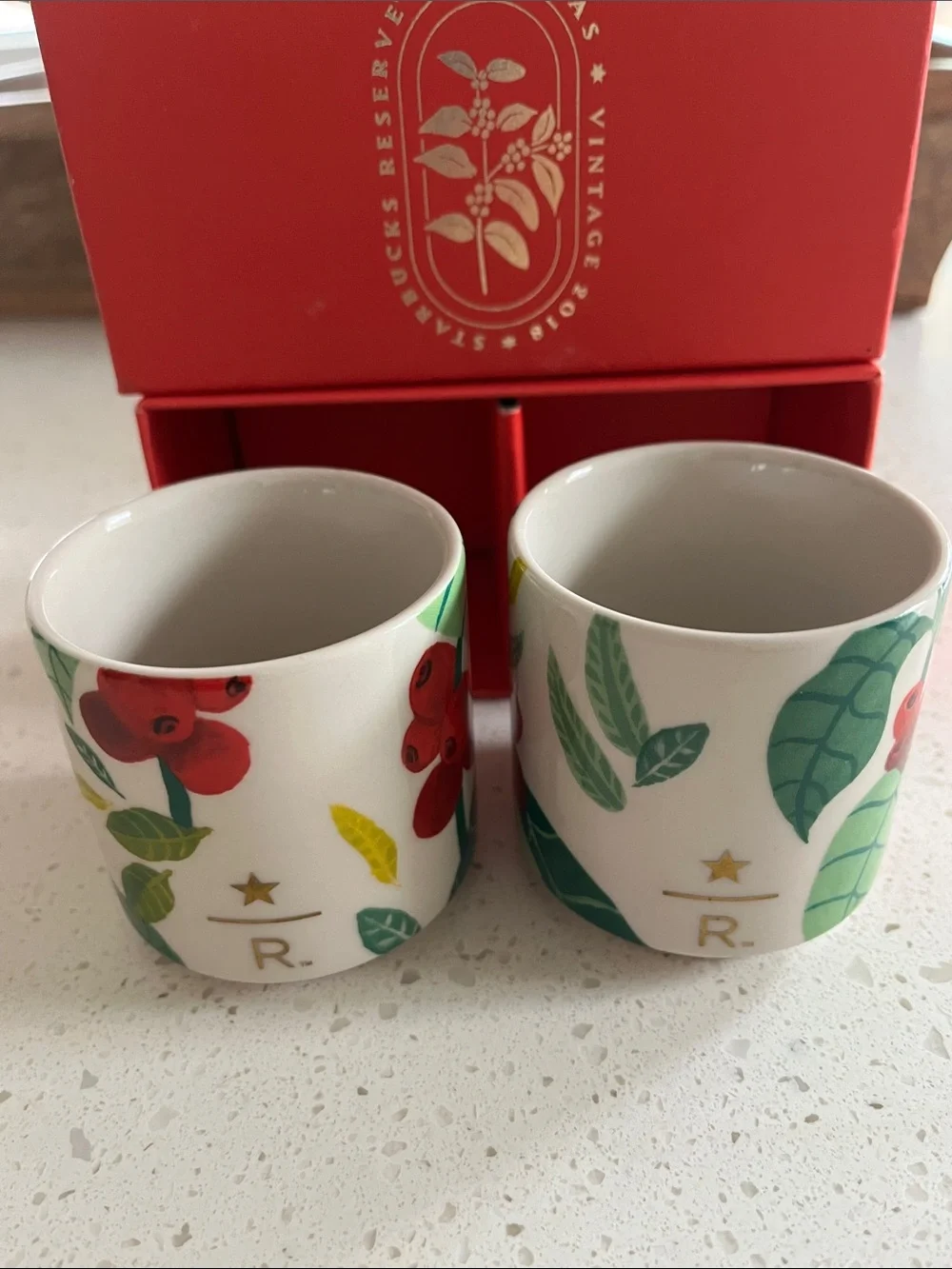 Starbucks White Ceramic Espresso Cup Set with Red and Green Botanical Print